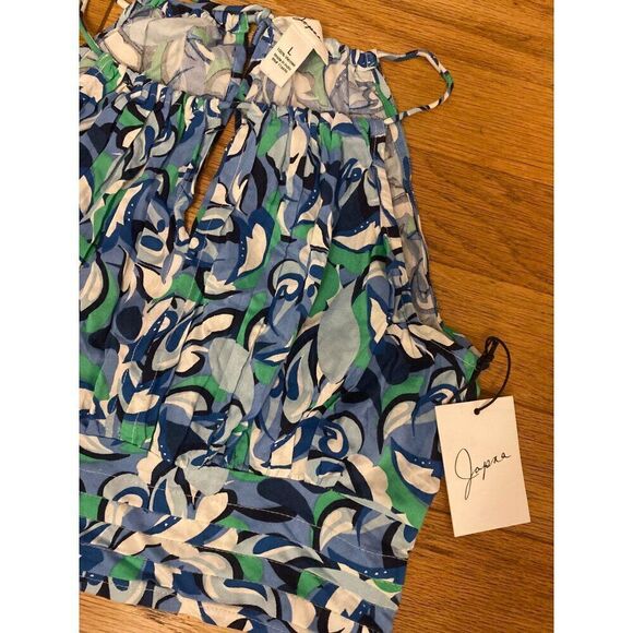 NWT Japna Womens Sleeveless abstract print blue cropped pleated Halter Top Large - Picture 3 of 7